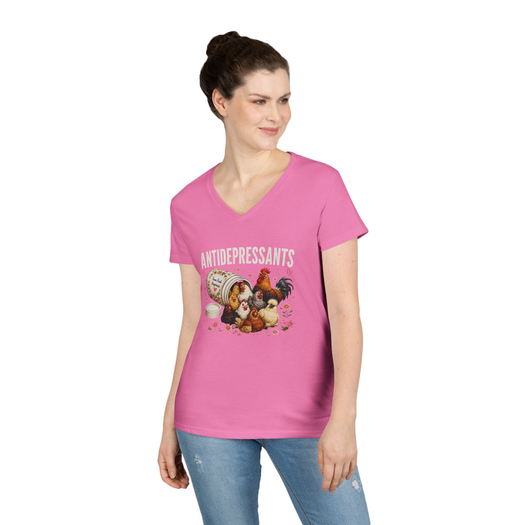 Ladies' V-Neck T-Shirt — "Antidepressants" Chickens & Flowers Graphic Tee