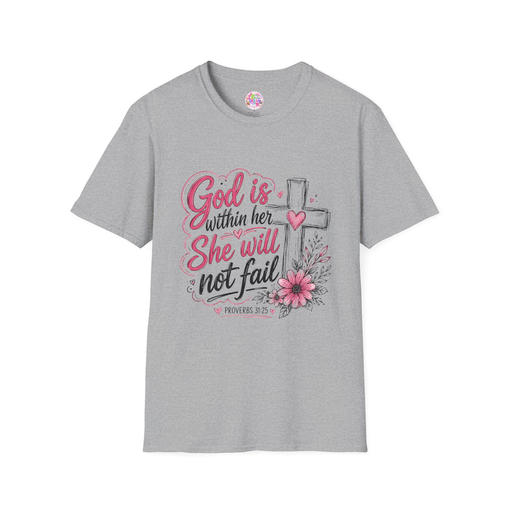 God Is Within Her T-Shirt — Christian Faith Tee with Cross & Floral Design