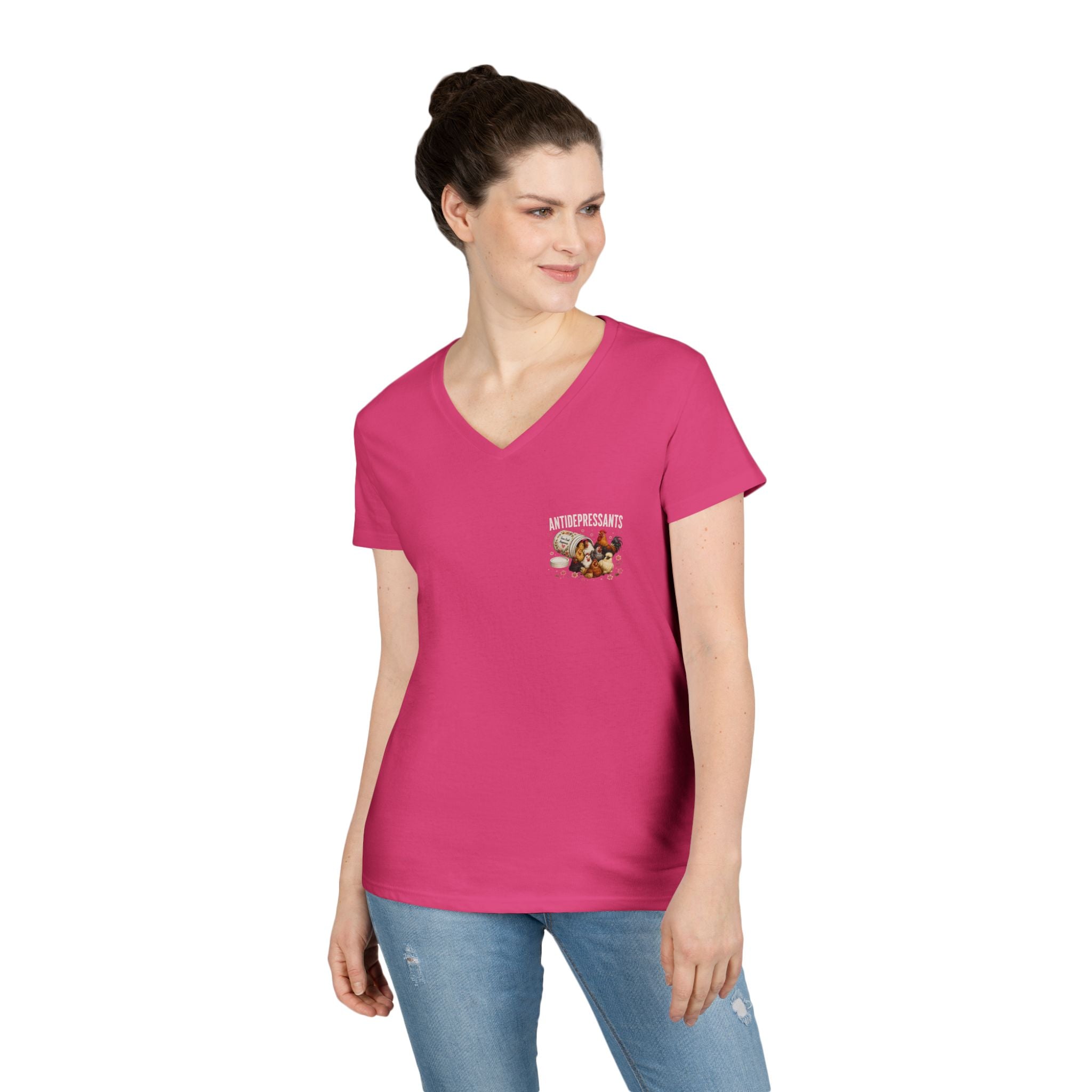 Ladies' V-Neck T-Shirt — "Antidepressants" Chickens & Flowers Graphic Tee