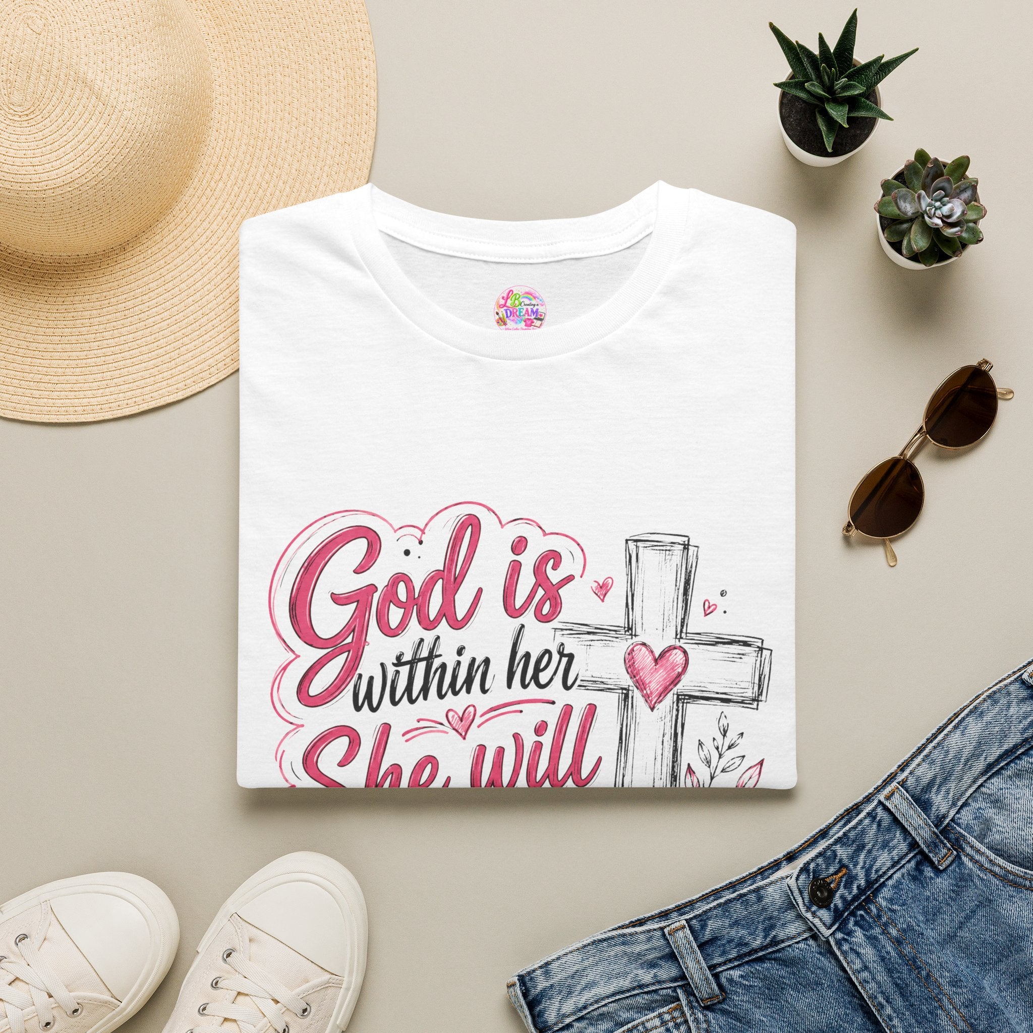 God Is Within Her T-Shirt — Christian Faith Tee with Cross & Floral Design