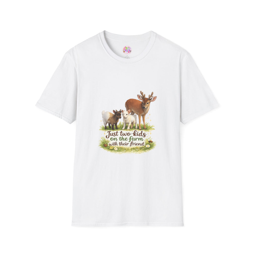 Kids on the Farm T-Shirt — "Just two kids on the farm with their friends" Cute Goat & Deer Design