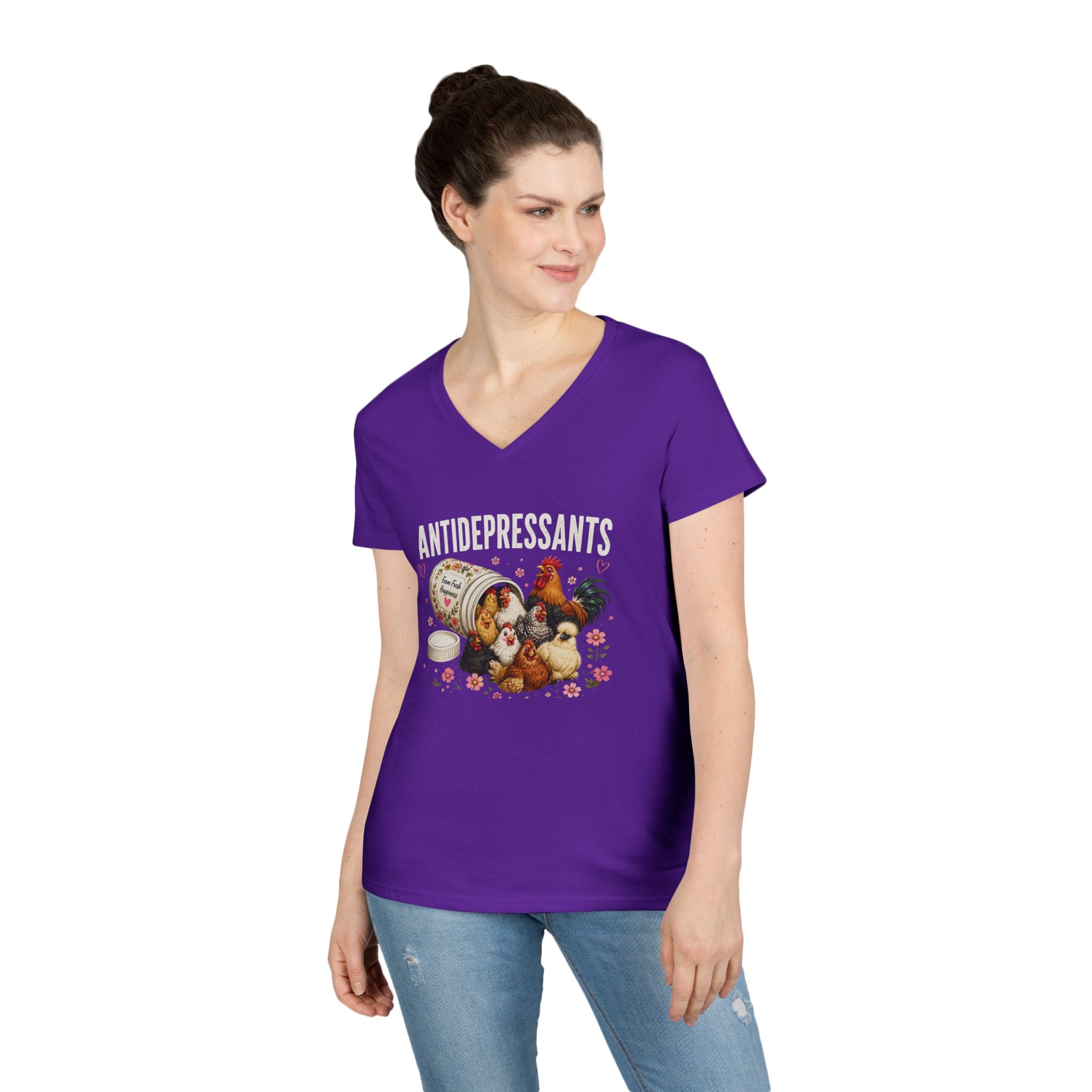 Ladies' V-Neck T-Shirt — "Antidepressants" Chickens & Flowers Graphic Tee