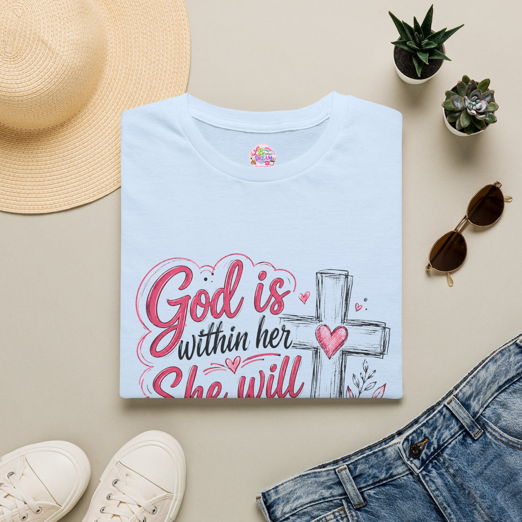 God Is Within Her T-Shirt — Christian Faith Tee with Cross & Floral Design