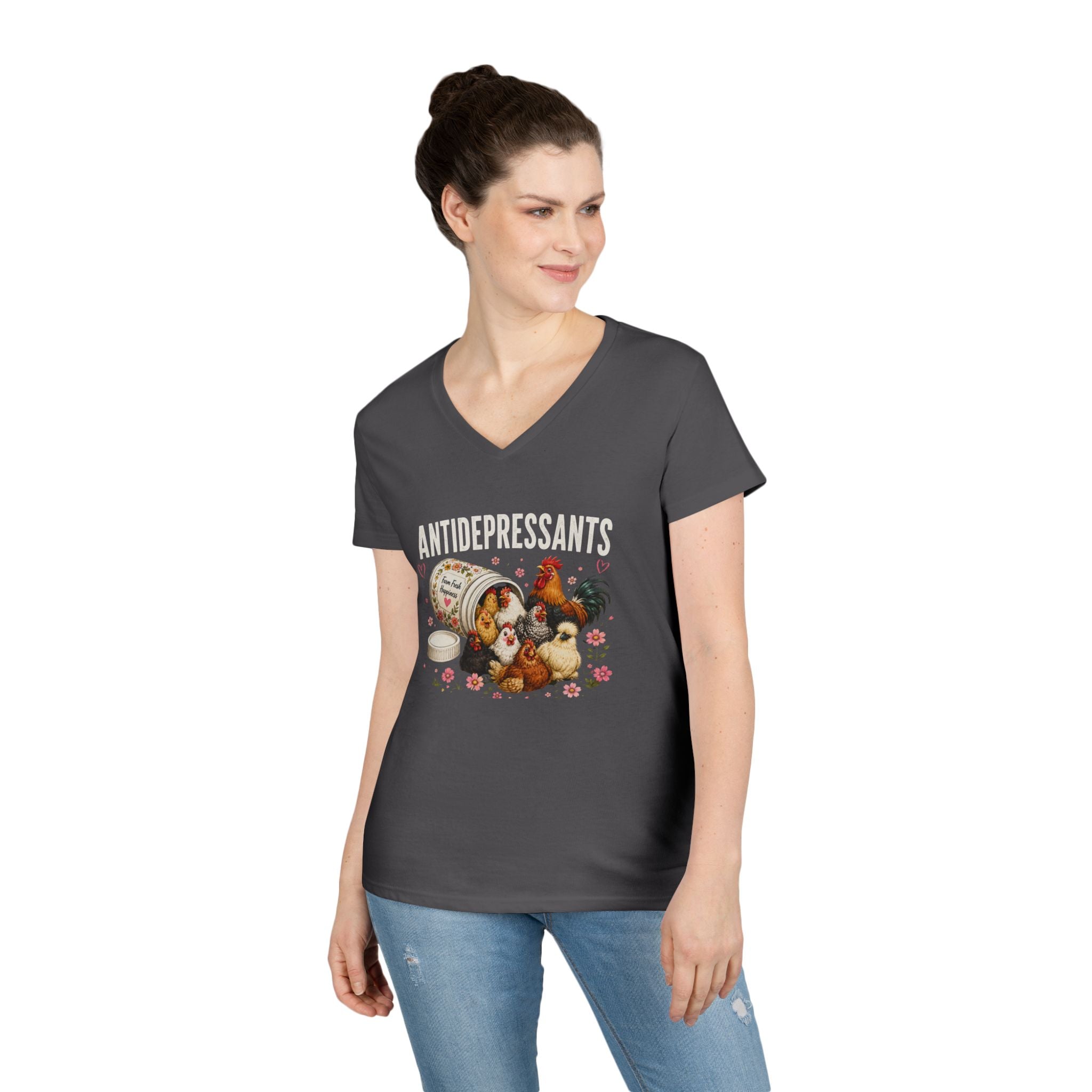 Ladies' V-Neck T-Shirt — "Antidepressants" Chickens & Flowers Graphic Tee