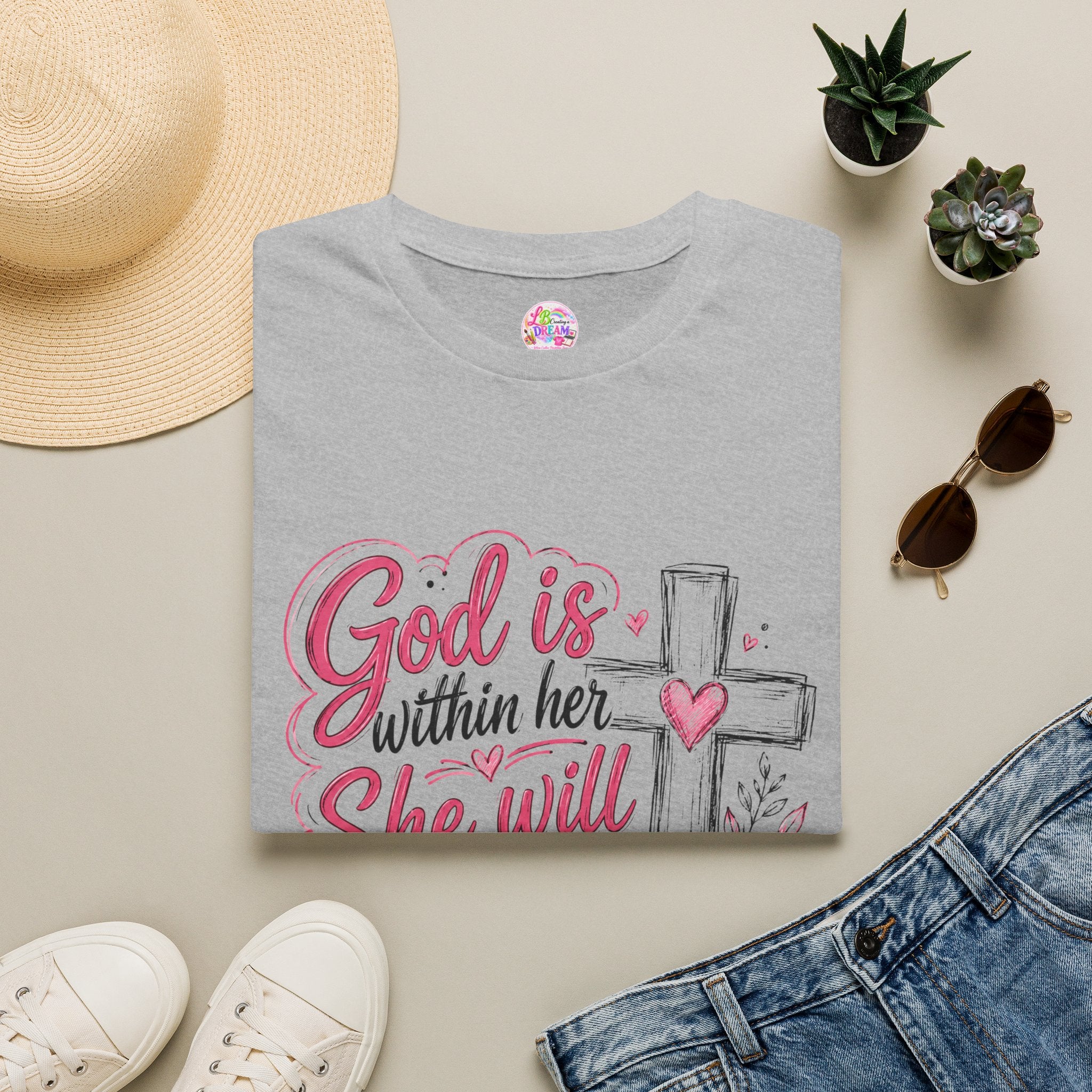 God Is Within Her T-Shirt — Christian Faith Tee with Cross & Floral Design
