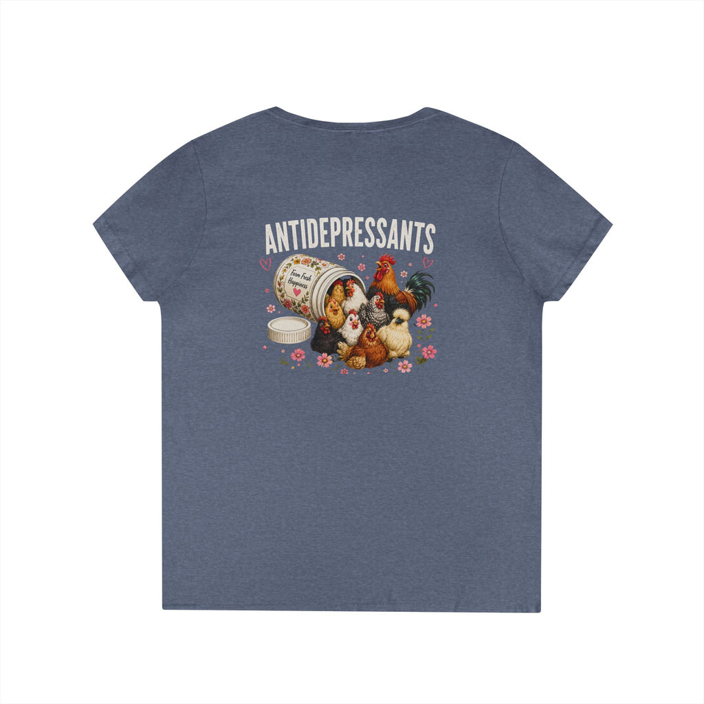 Ladies' V-Neck T-Shirt — "Antidepressants" Chickens & Flowers Graphic Tee