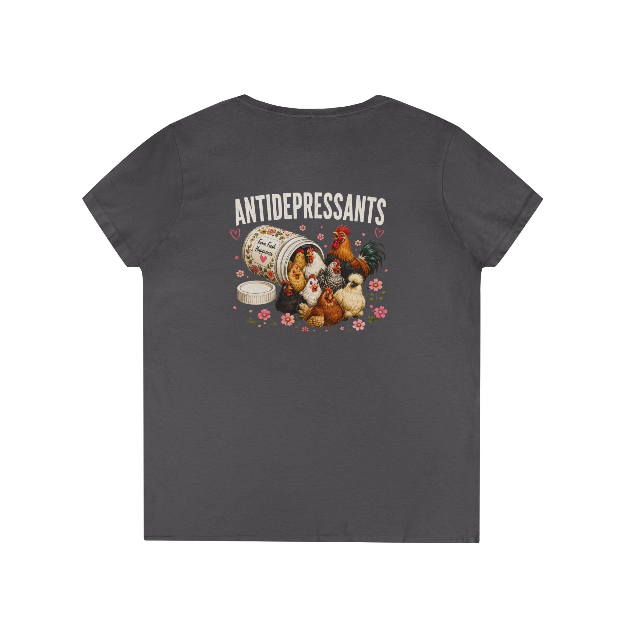 Ladies' V-Neck T-Shirt — "Antidepressants" Chickens & Flowers Graphic Tee