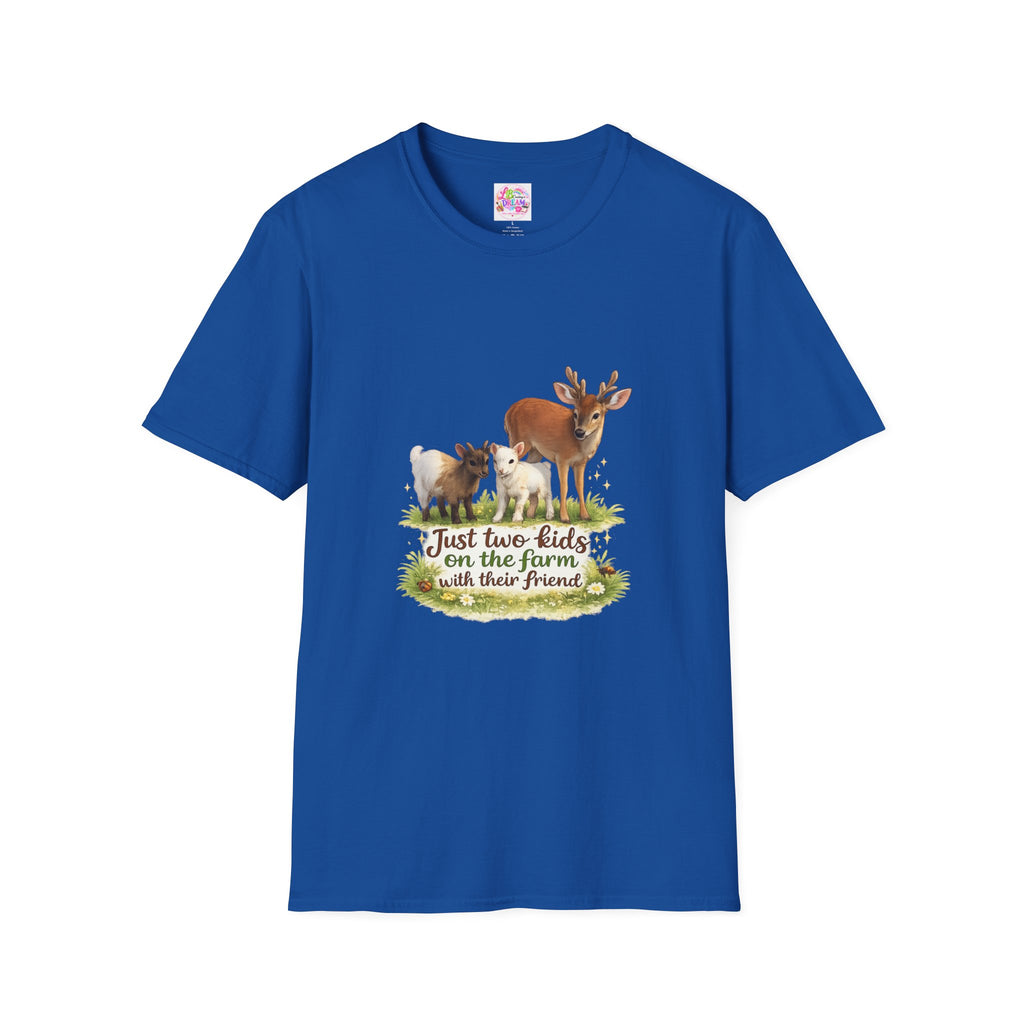 Kids on the Farm T-Shirt — "Just two kids on the farm with their friends" Cute Goat & Deer Design