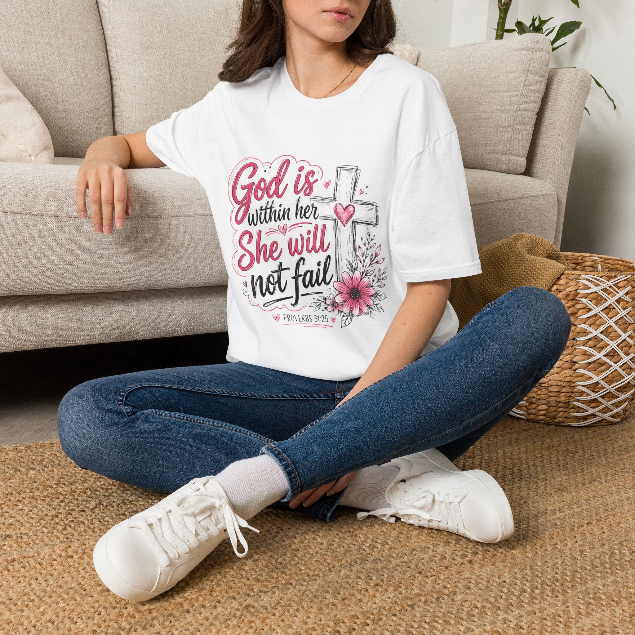 God Is Within Her T-Shirt — Christian Faith Tee with Cross & Floral Design