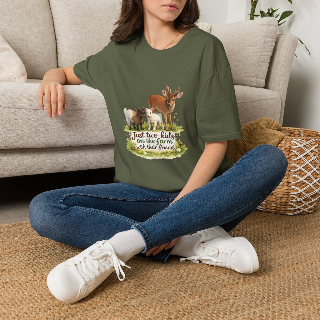 Kids on the Farm T-Shirt — "Just two kids on the farm with their friends" Cute Goat & Deer Design
