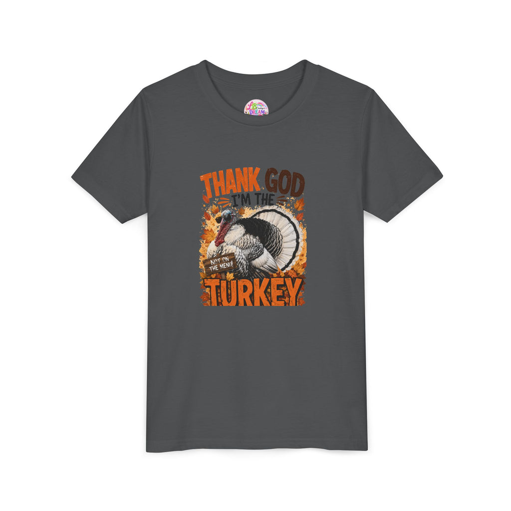 Youth Tee - "Thank God I'm the Turkey" Thanksgiving Turkey Kids Shirt