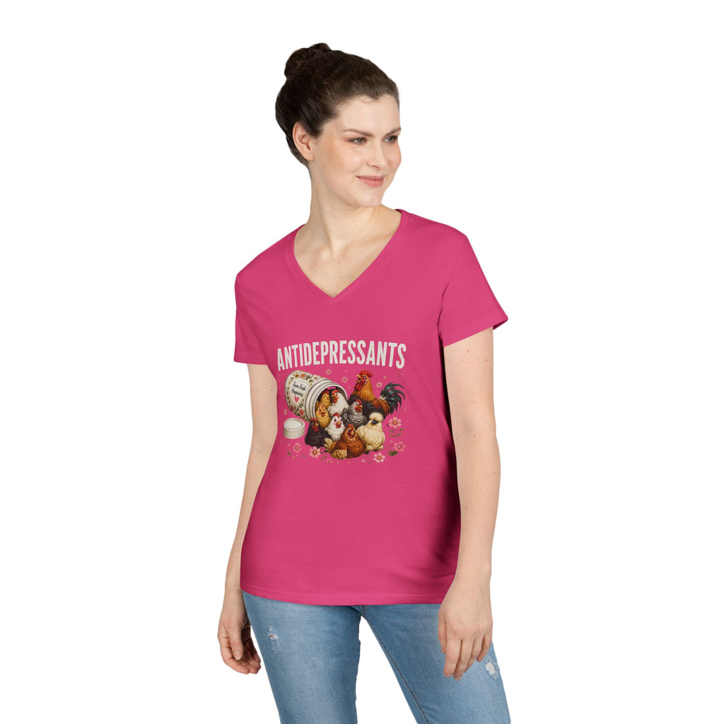 Ladies' V-Neck T-Shirt — "Antidepressants" Chickens & Flowers Graphic Tee