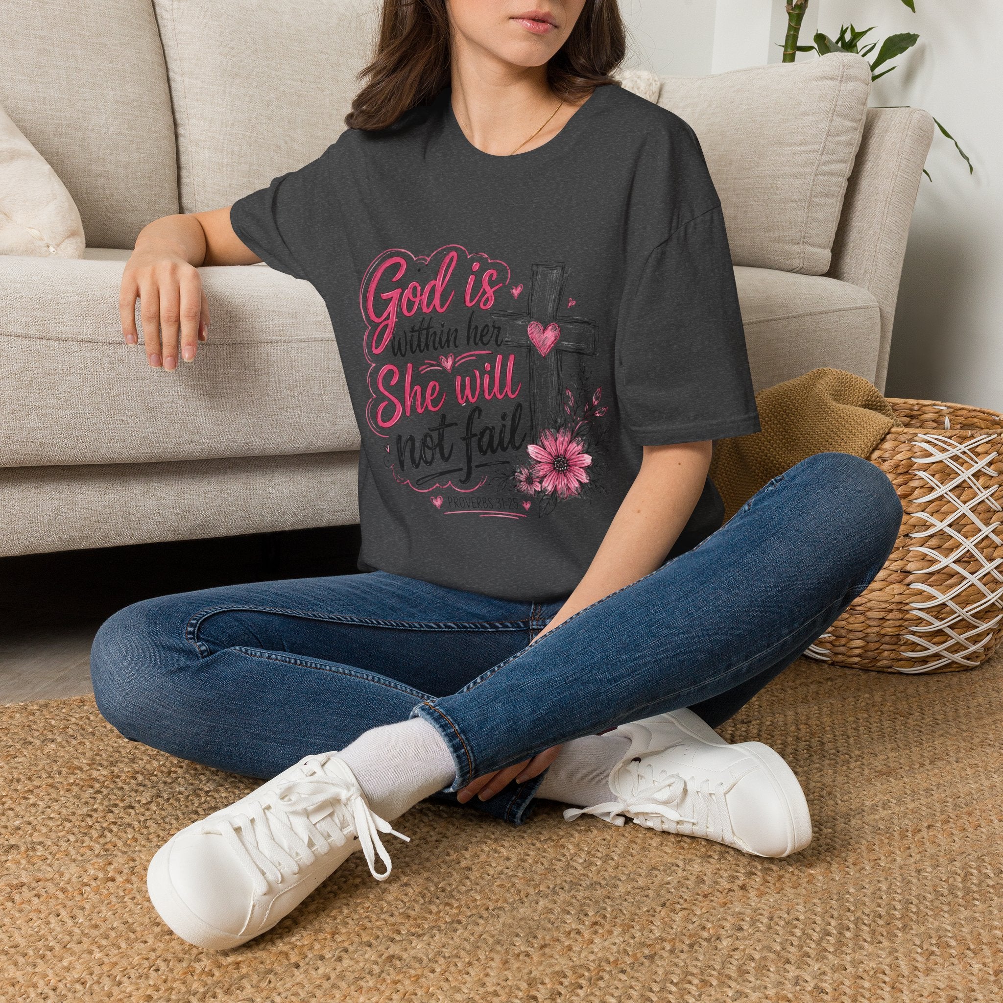 God Is Within Her T-Shirt — Christian Faith Tee with Cross & Floral Design