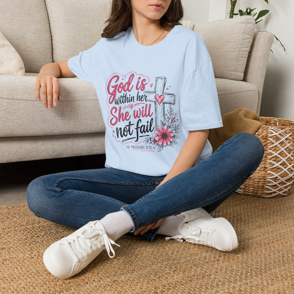 God Is Within Her T-Shirt — Christian Faith Tee with Cross & Floral Design
