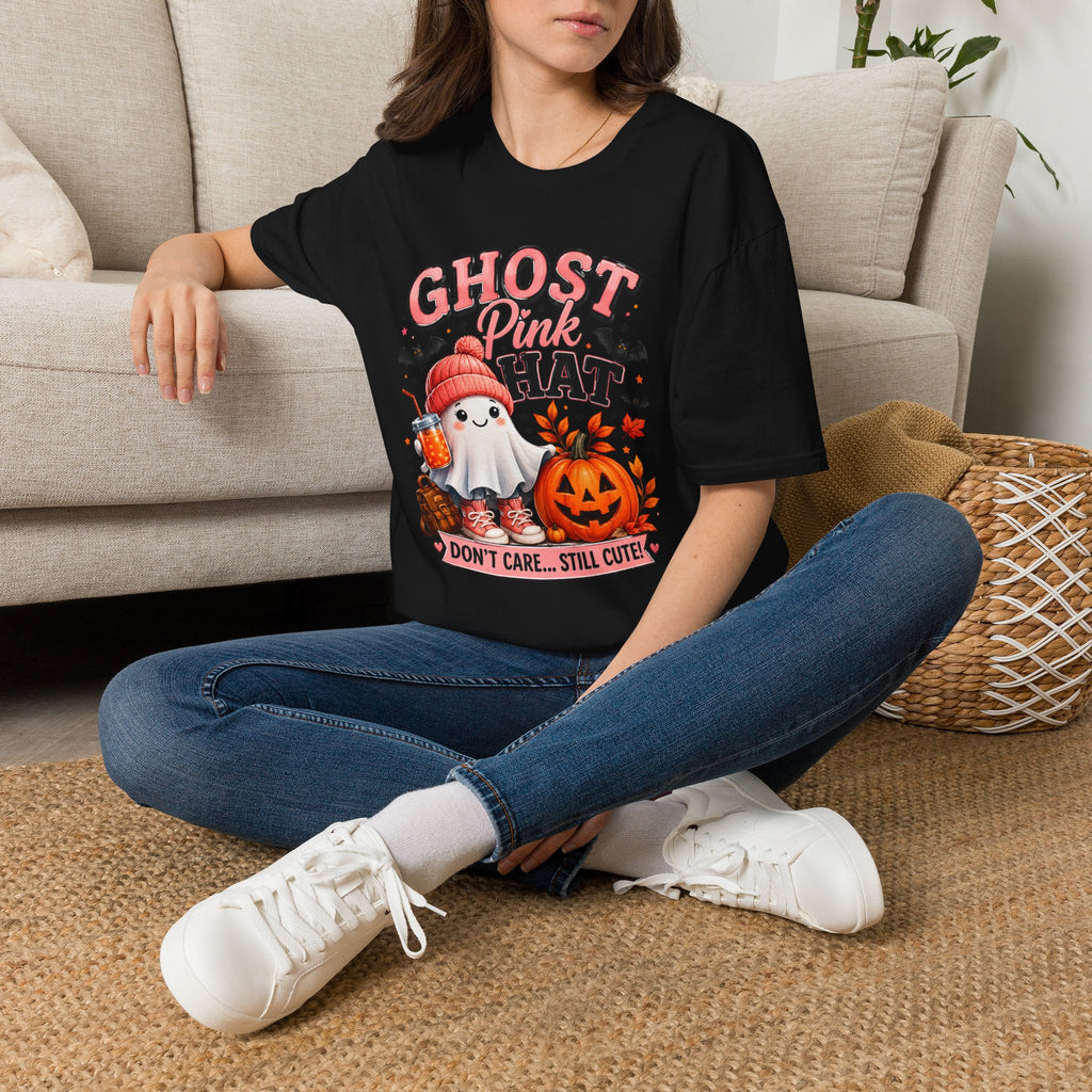 Ghost Pink Hat T-Shirt — Cute Halloween Ghost Pumpkin Design