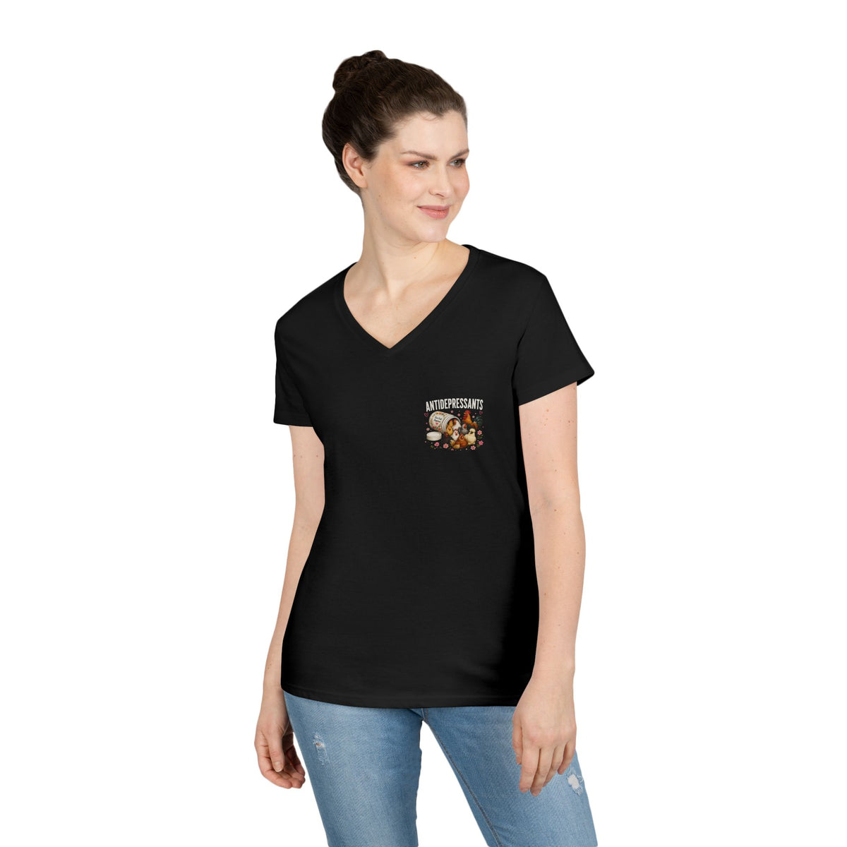 Ladies' V-Neck T-Shirt — "Antidepressants" Chickens & Flowers Graphic Tee