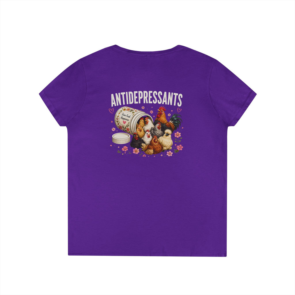 Ladies' V-Neck T-Shirt — "Antidepressants" Chickens & Flowers Graphic Tee