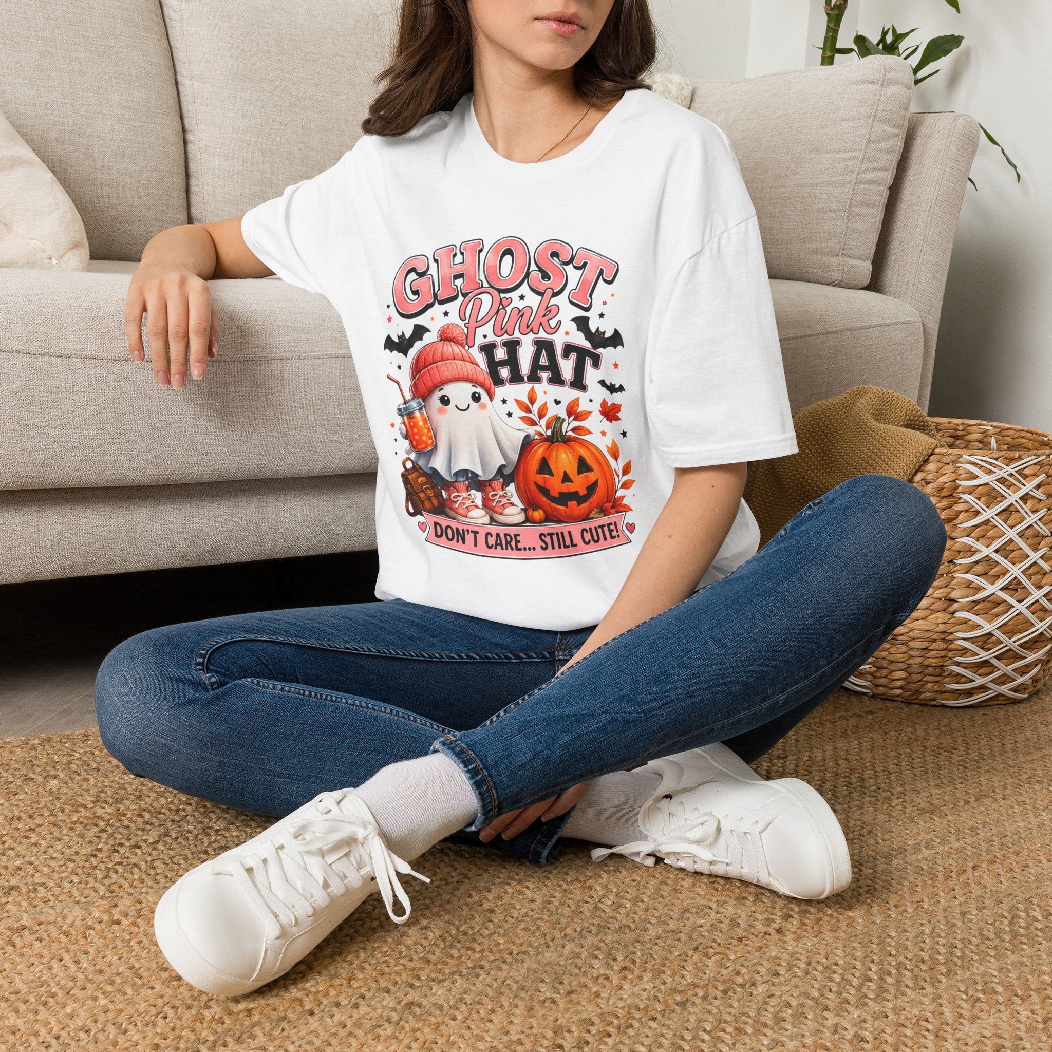 Ghost Pink Hat T-Shirt — Cute Halloween Ghost Pumpkin Design