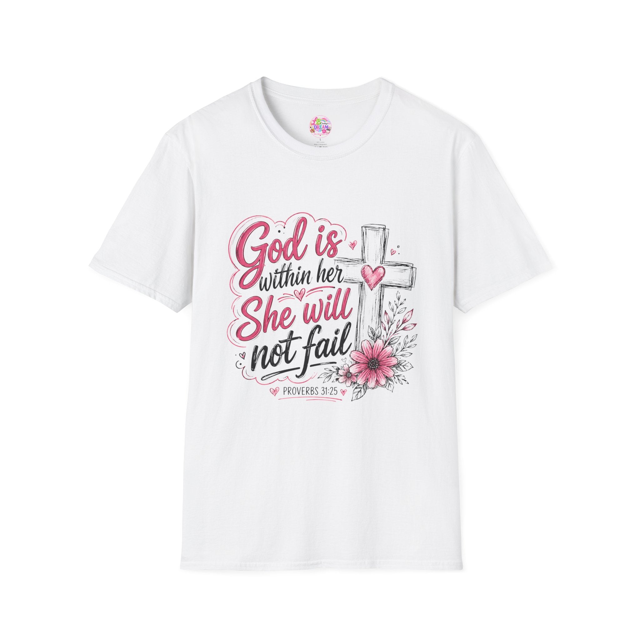 God Is Within Her T-Shirt — Christian Faith Tee with Cross & Floral Design