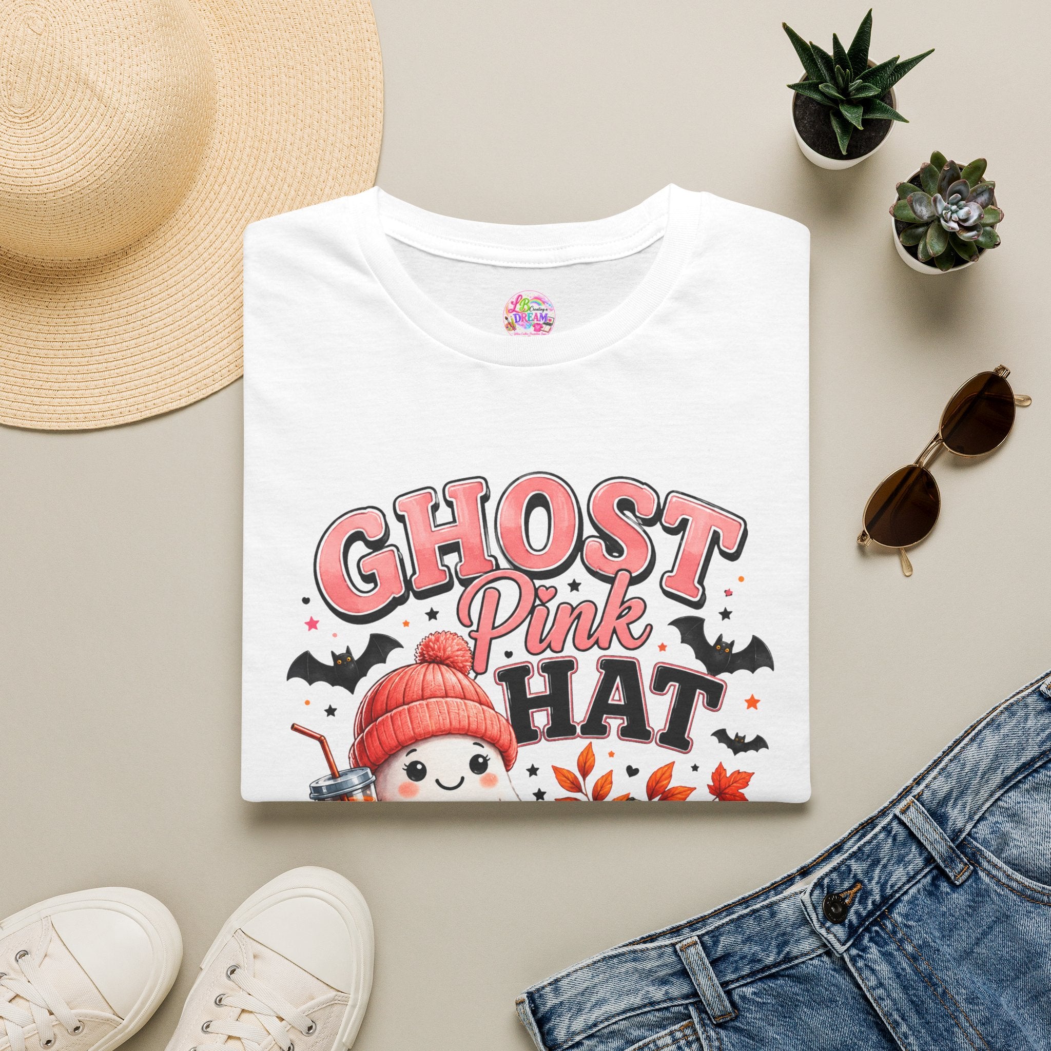 Ghost Pink Hat T-Shirt — Cute Halloween Ghost Pumpkin Design