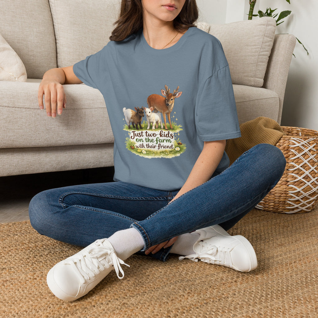 Kids on the Farm T-Shirt — "Just two kids on the farm with their friends" Cute Goat & Deer Design