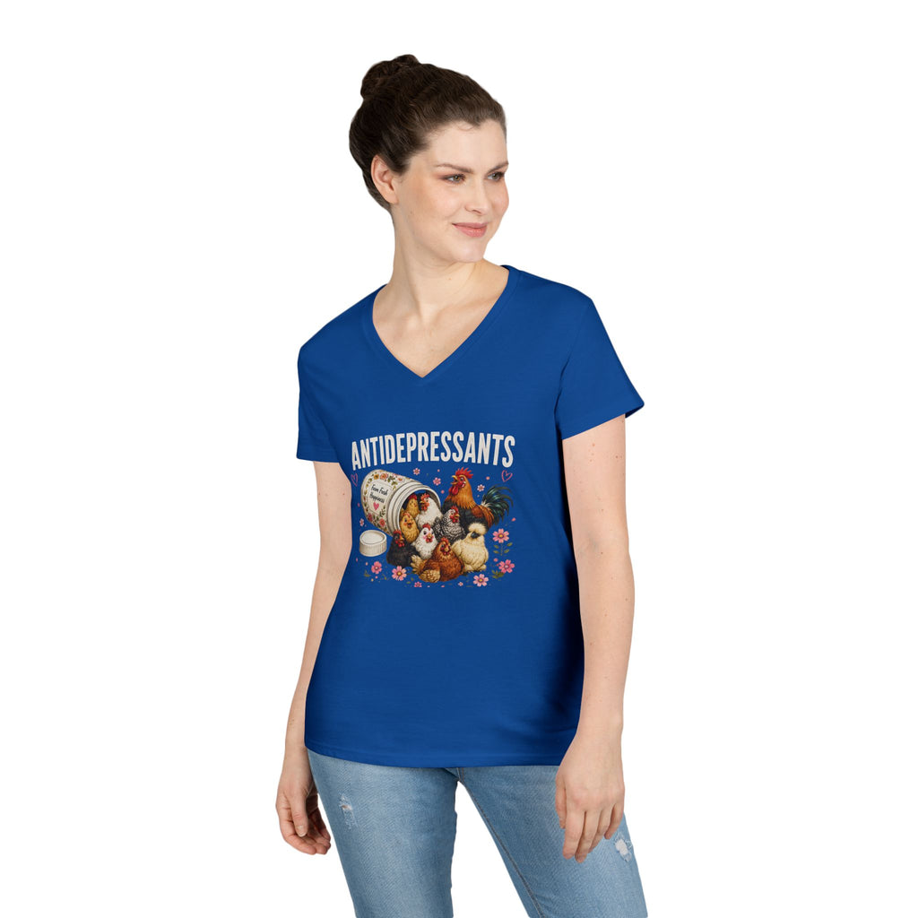 Ladies' V-Neck T-Shirt — "Antidepressants" Chickens & Flowers Graphic Tee