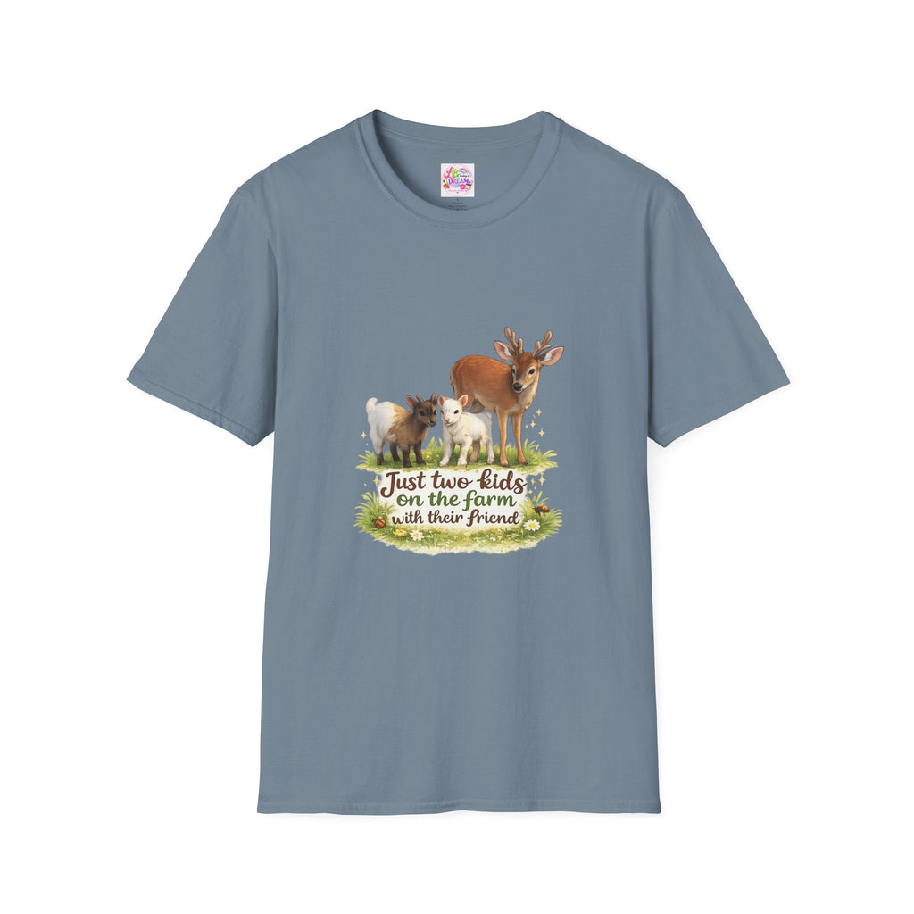 Kids on the Farm T-Shirt — "Just two kids on the farm with their friends" Cute Goat & Deer Design