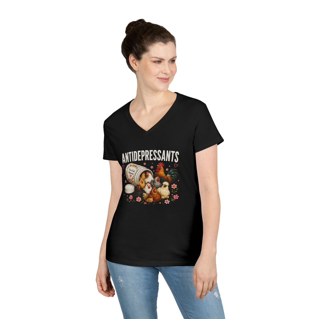 Ladies' V-Neck T-Shirt — "Antidepressants" Chickens & Flowers Graphic Tee