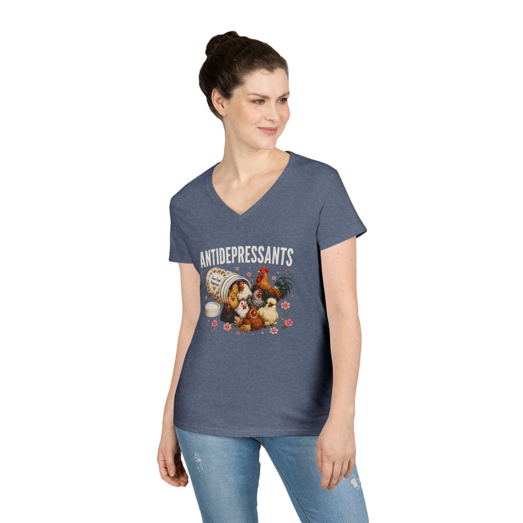 Ladies' V-Neck T-Shirt — "Antidepressants" Chickens & Flowers Graphic Tee