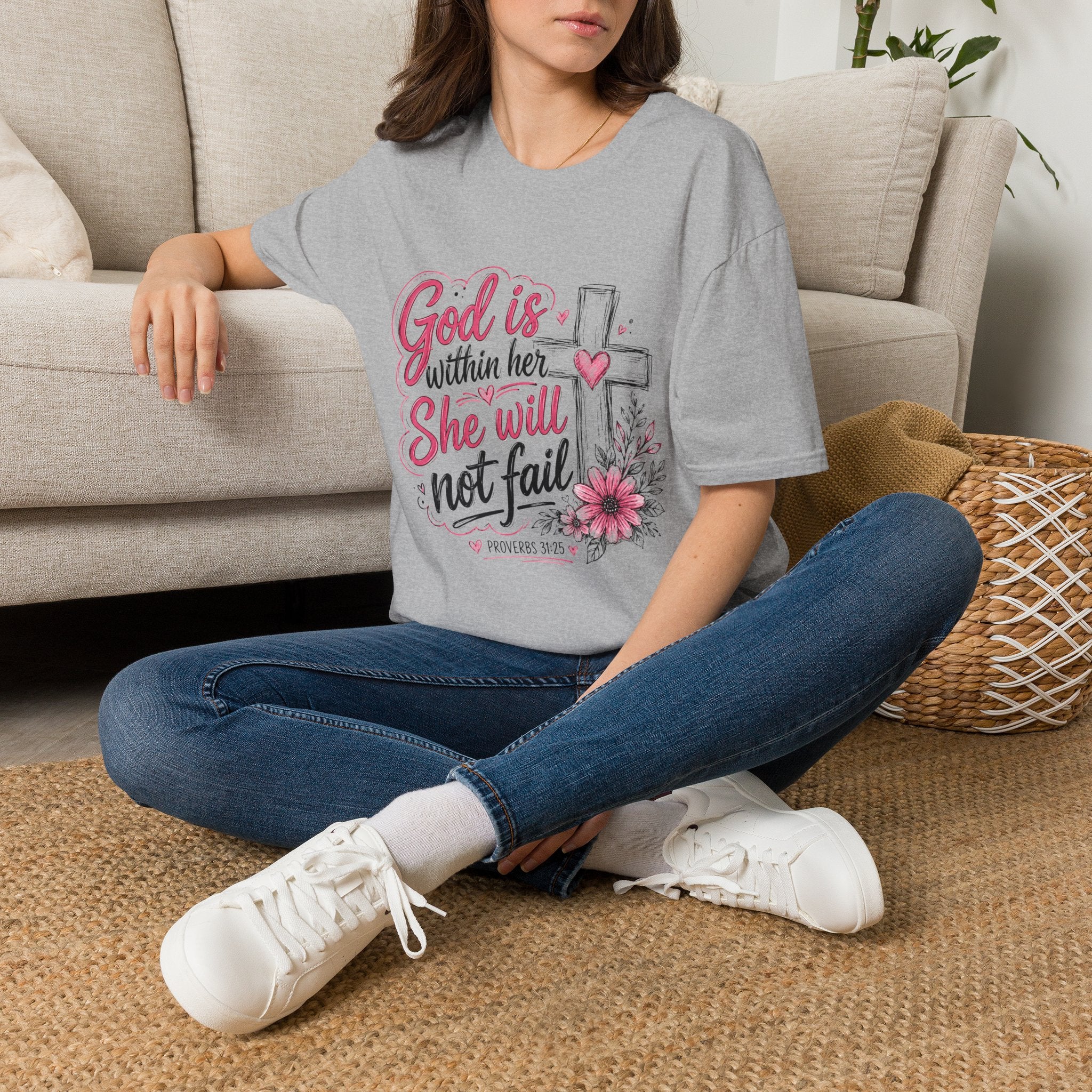 God Is Within Her T-Shirt — Christian Faith Tee with Cross & Floral Design