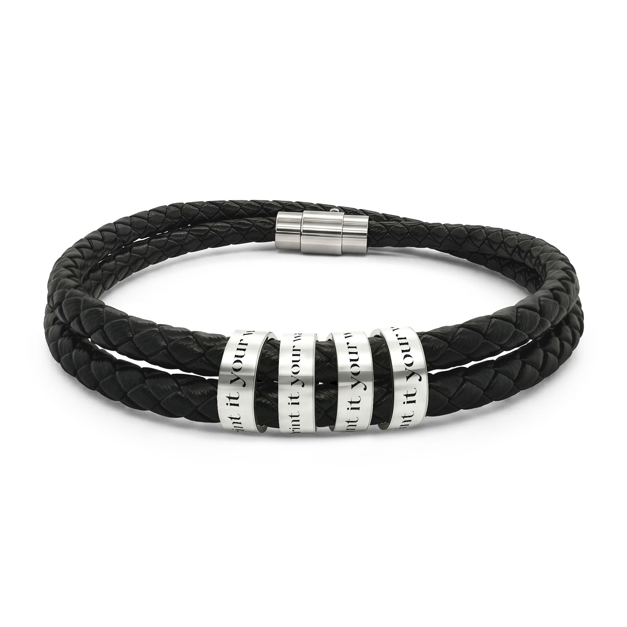 Engravable Braided Leather Bracelet with Stainless Steel Beads