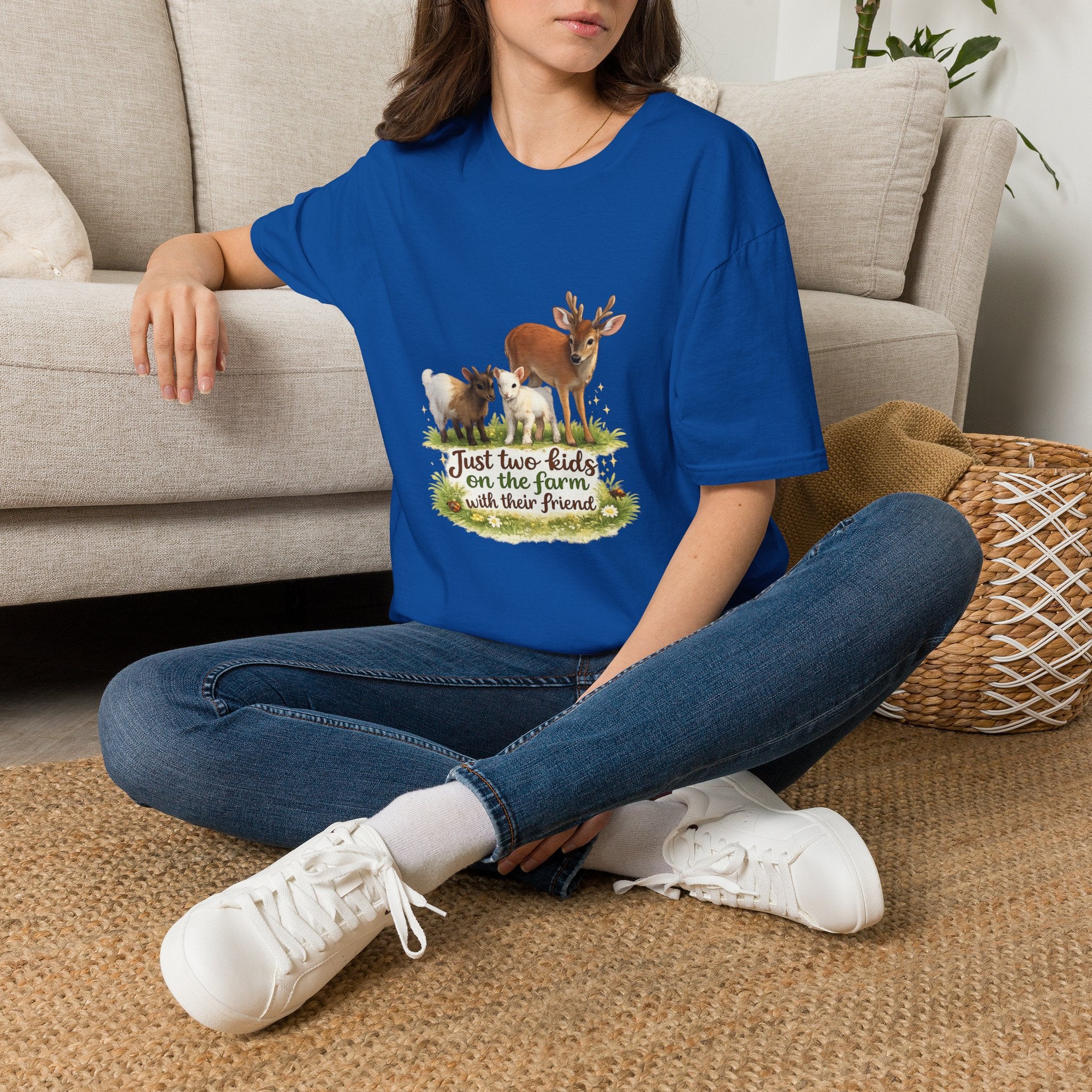 Kids on the Farm T-Shirt — "Just two kids on the farm with their friends" Cute Goat & Deer Design