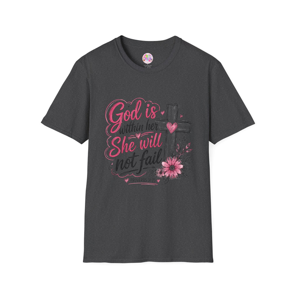 God Is Within Her T-Shirt — Christian Faith Tee with Cross & Floral Design