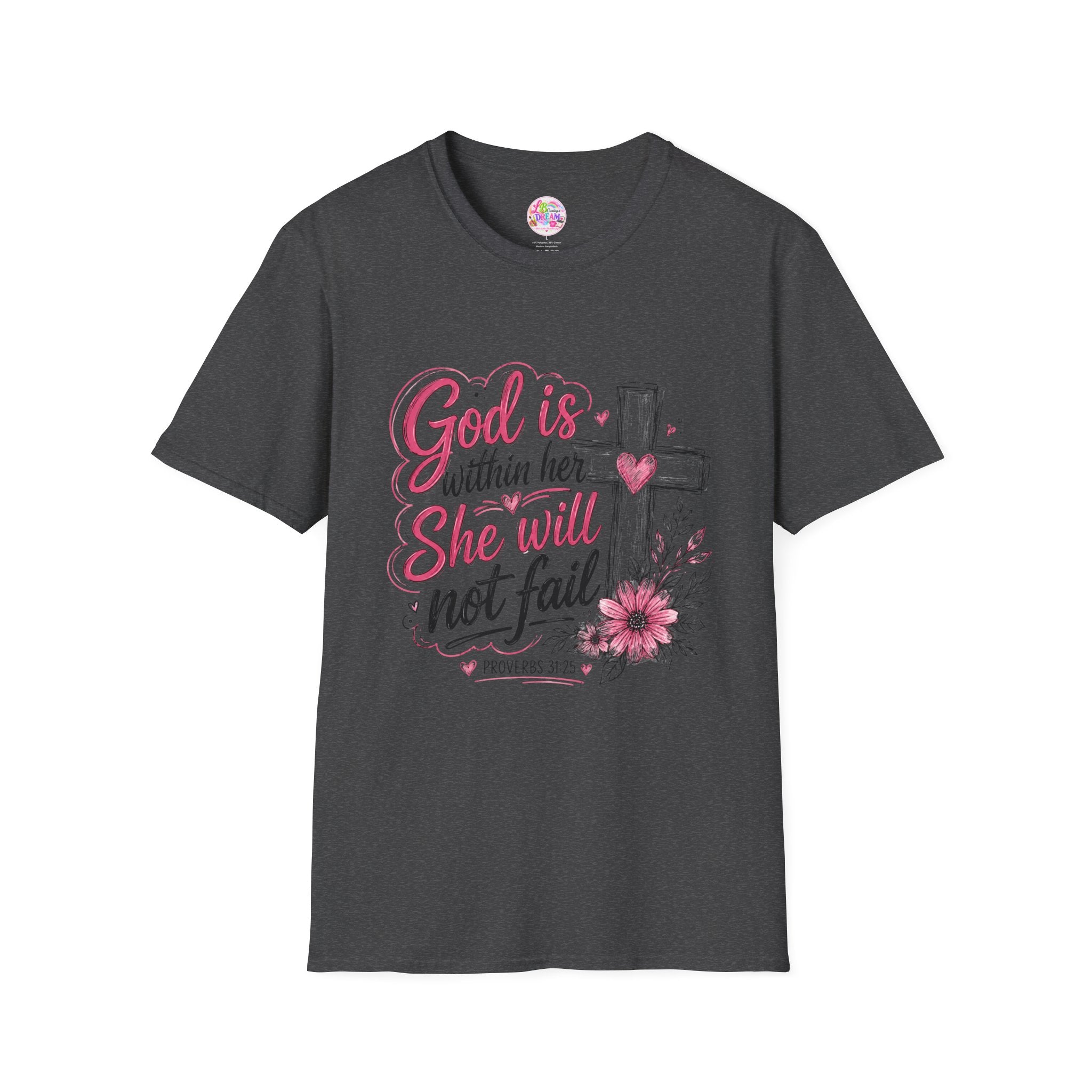 God Is Within Her T-Shirt — Christian Faith Tee with Cross & Floral Design