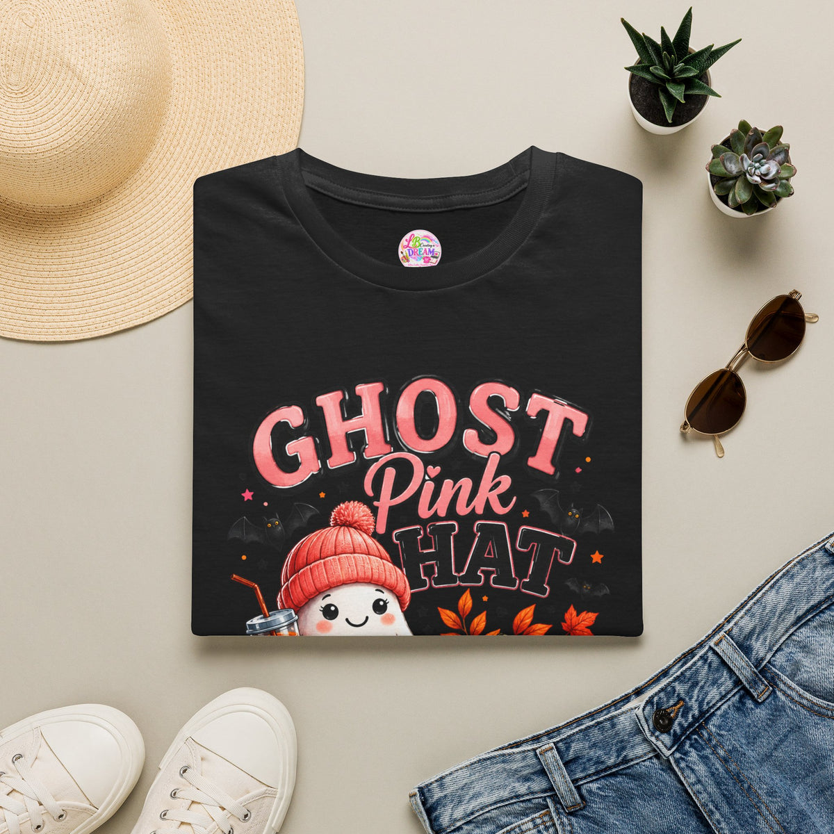 Ghost Pink Hat T-Shirt — Cute Halloween Ghost Pumpkin Design