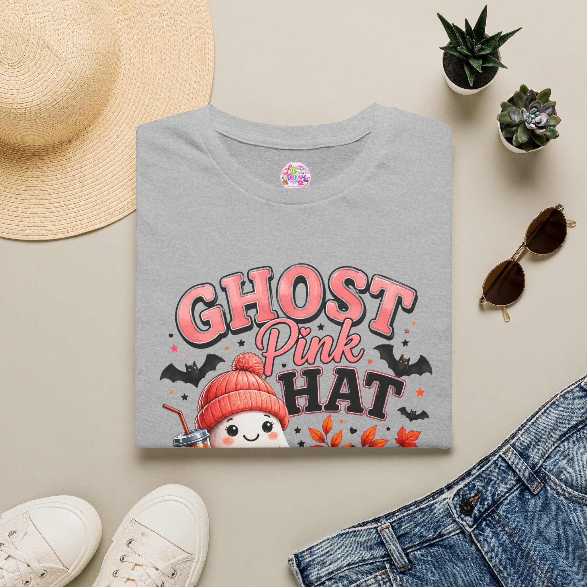 Ghost Pink Hat T-Shirt — Cute Halloween Ghost Pumpkin Design