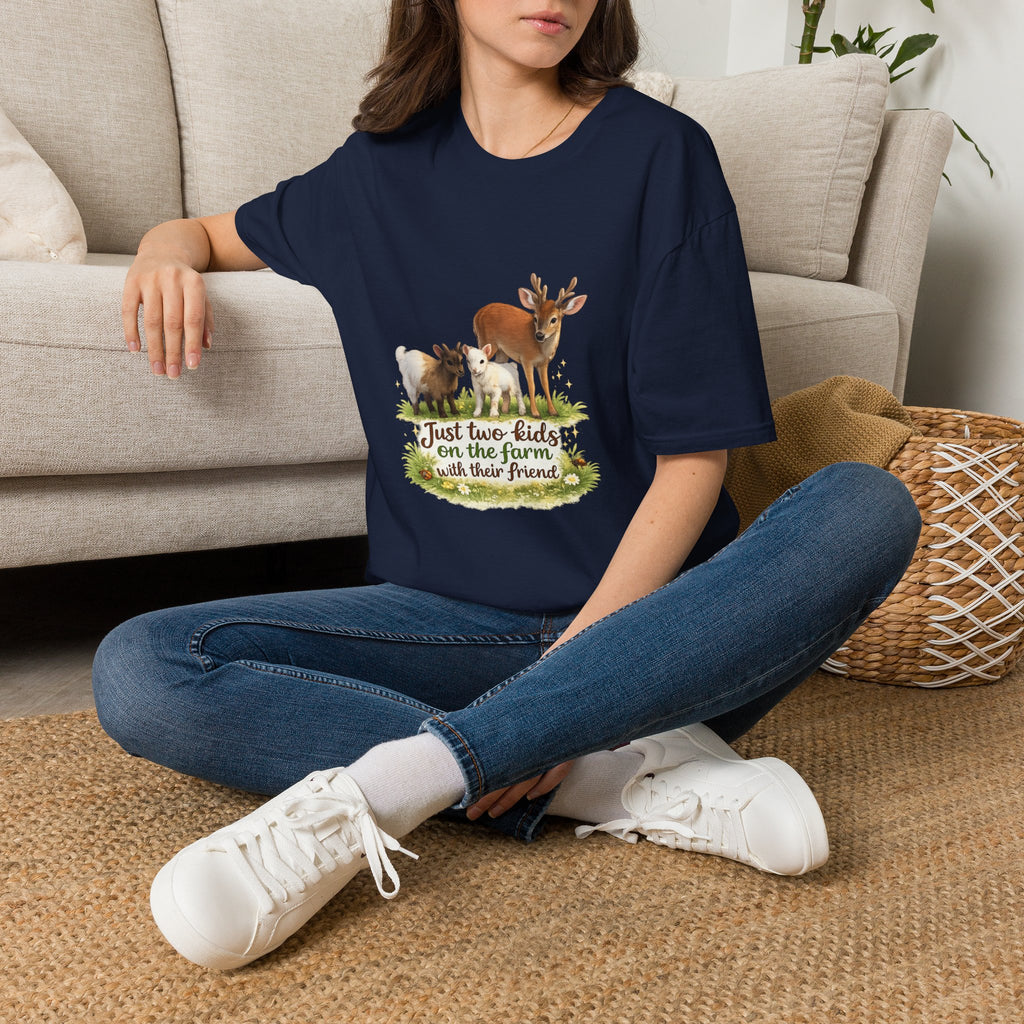 Kids on the Farm T-Shirt — "Just two kids on the farm with their friends" Cute Goat & Deer Design