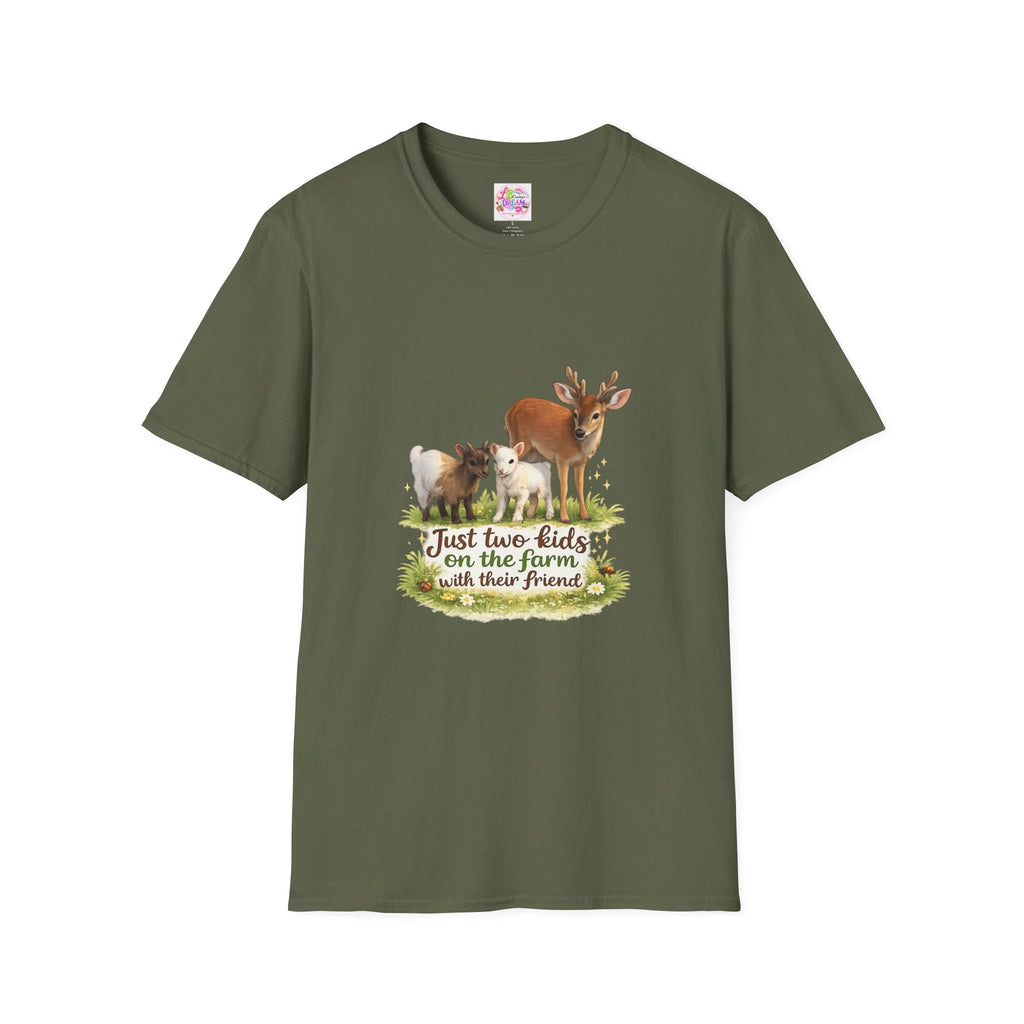 Kids on the Farm T-Shirt — "Just two kids on the farm with their friends" Cute Goat & Deer Design