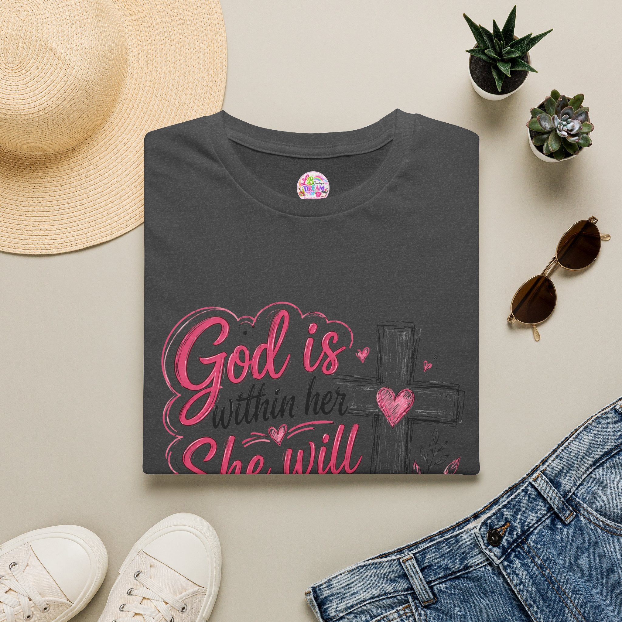 God Is Within Her T-Shirt — Christian Faith Tee with Cross & Floral Design
