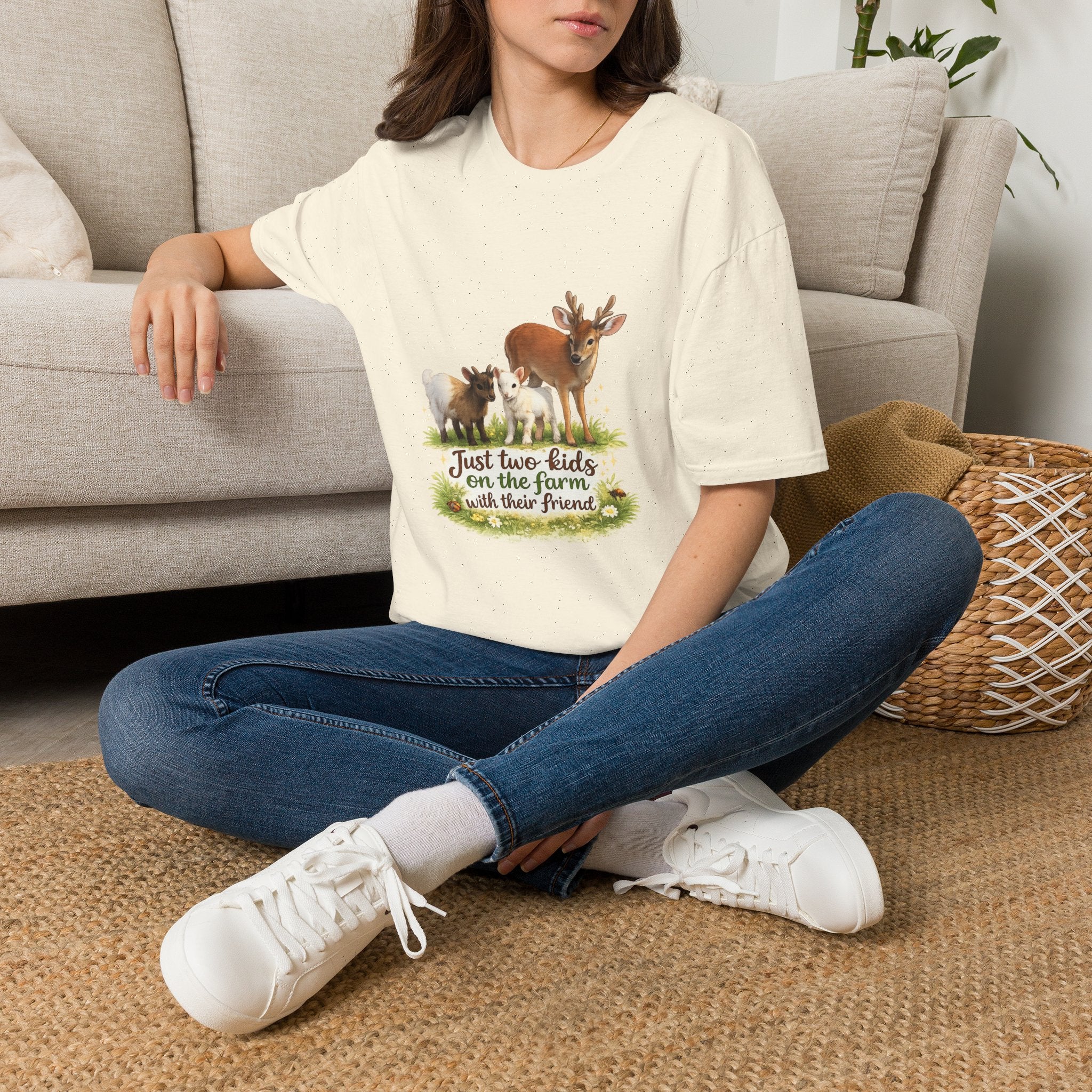 Kids on the Farm T-Shirt — "Just two kids on the farm with their friends" Cute Goat & Deer Design