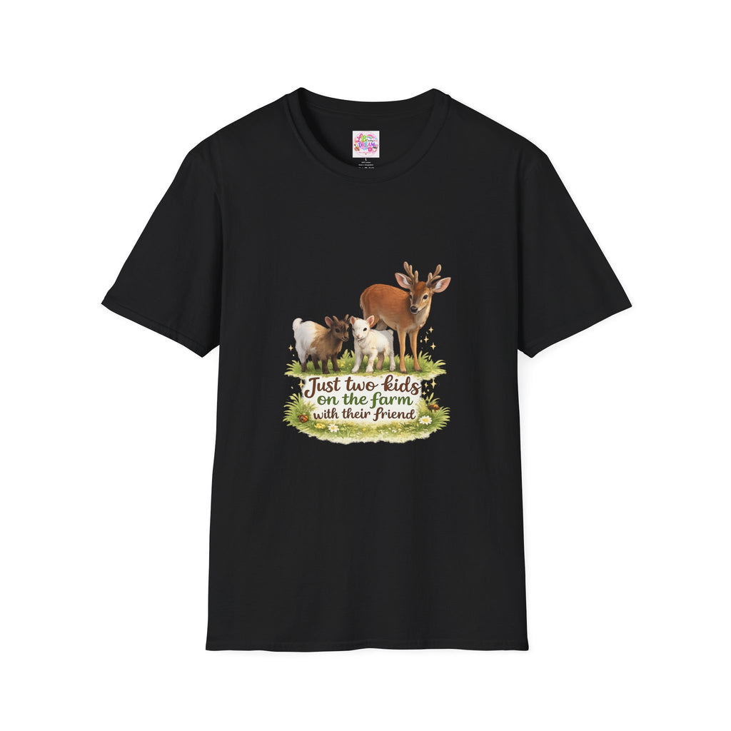 Kids on the Farm T-Shirt — "Just two kids on the farm with their friends" Cute Goat & Deer Design